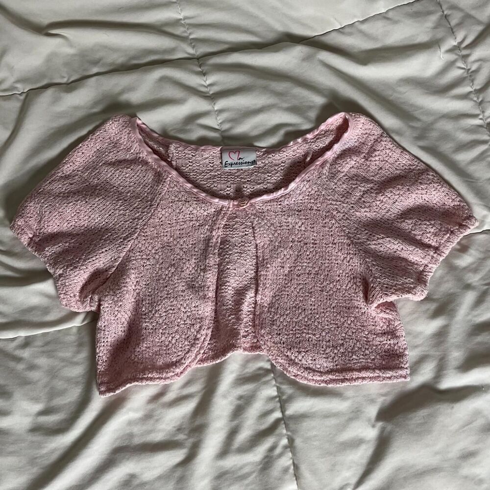 Y2K Vintage Pink Cropped Puffy Sleeves Knit Shrug Cardigan from Expressions